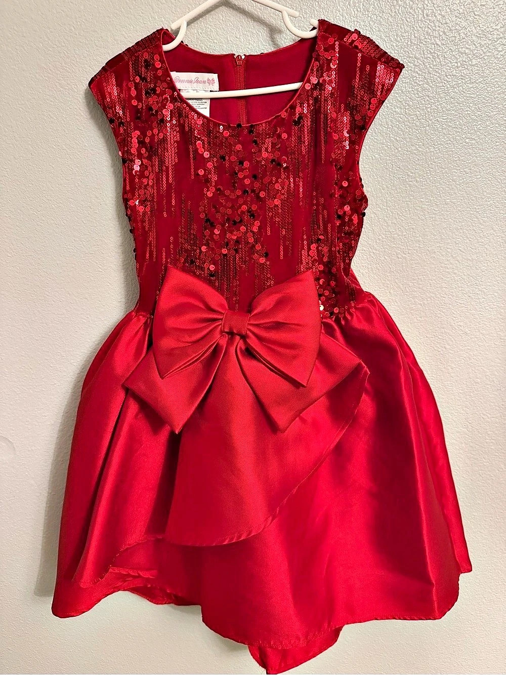 Bonnie Jean Red Sequin Bow Front Holiday Dress - 8